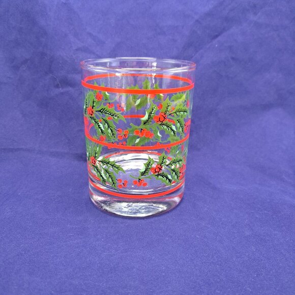 Christmas Holly Berry Old Fashioned Rocks Whisky Glass With Red Stripes - Picture 1 of 11